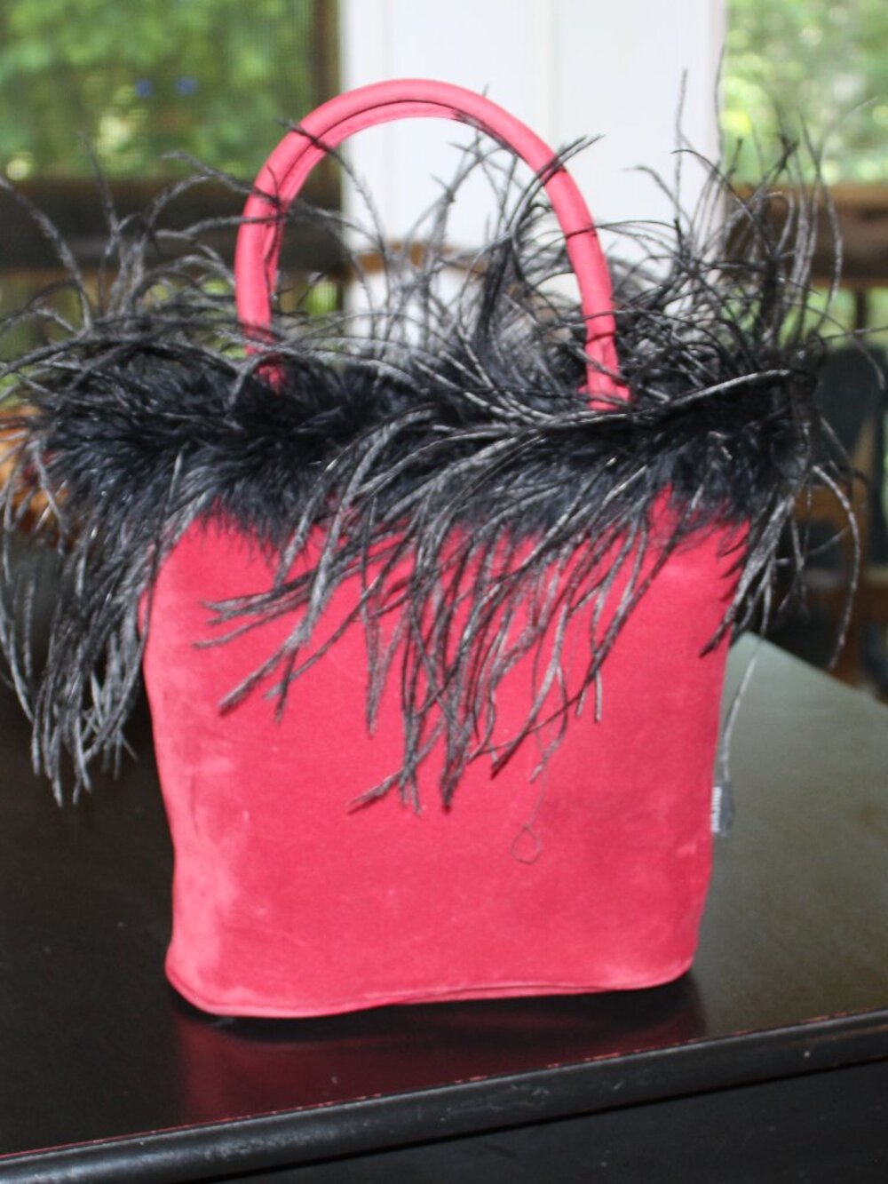 Y2K Red Suede look and Black Ostrich Feather Trim Handbag VintagePurse by Murval